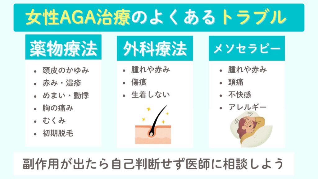 女性のAGA治療中によくあるトラブルや副作用について